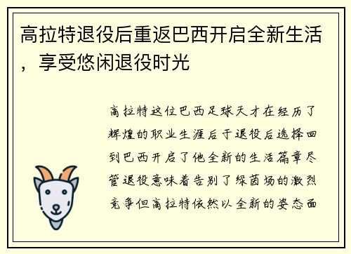 高拉特退役后重返巴西开启全新生活,享受悠闲退役时光 高拉特退役后重返巴西开启全新生活,享受悠闲退役时光