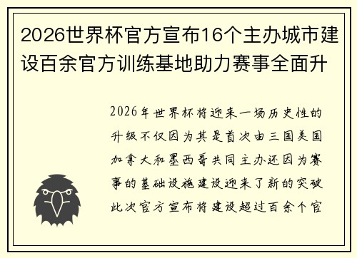 2026世界杯官方宣布16个主办城市建设百余官方训练基地助力赛事全面升级 ⚽ 2026世界杯官方宣布16个主办城市建设百余官方训练基地助力赛事全面升级 ⚽